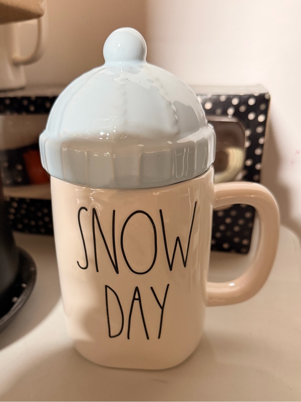 Rae Dunn Snow Day Mug with Light Blue Lid Cream Body